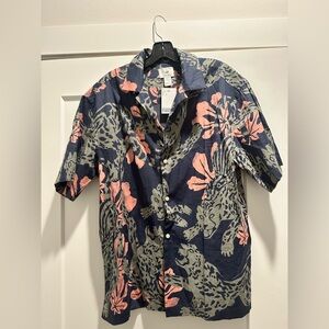 H&M Navy Short-Sleeve Button-Up with Green Leopard & Pink Floral Print